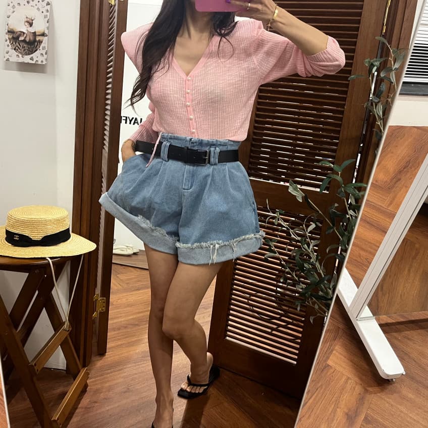 양이 음 애버딘 꽃밭 하이웨이스트 볼륨 측면 데님 반바지 상세 이미지 13