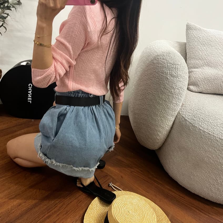 양이 음 애버딘 꽃밭 하이웨이스트 볼륨 측면 데님 반바지 상세 이미지 23