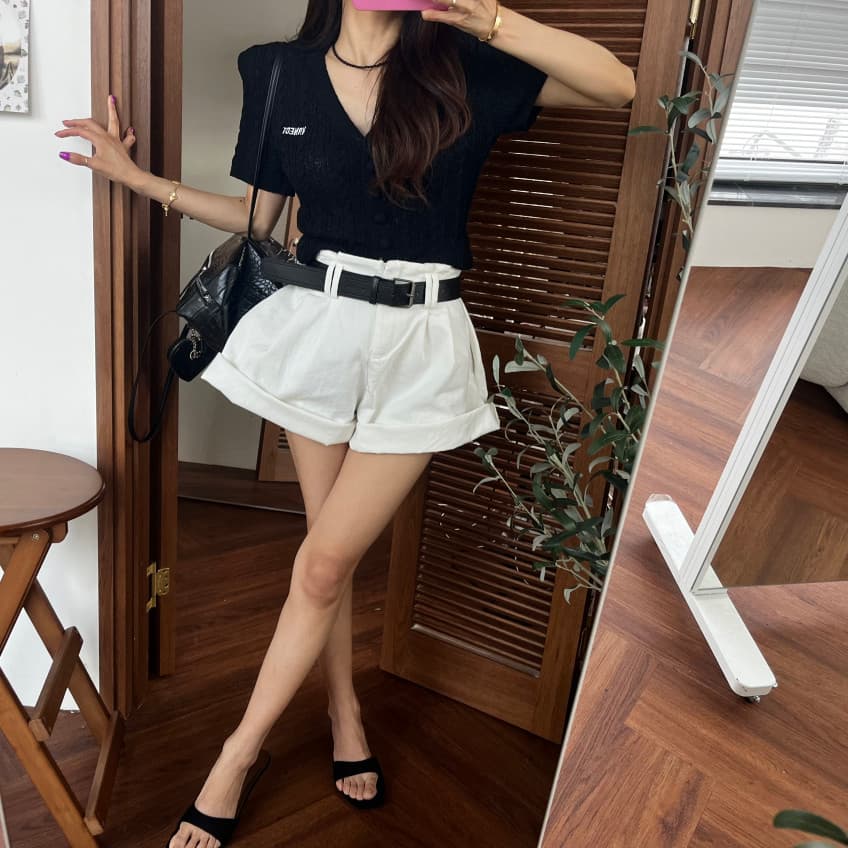 양이 음 애버딘 꽃밭 하이웨이스트 볼륨 측면 데님 반바지 상세 이미지 27