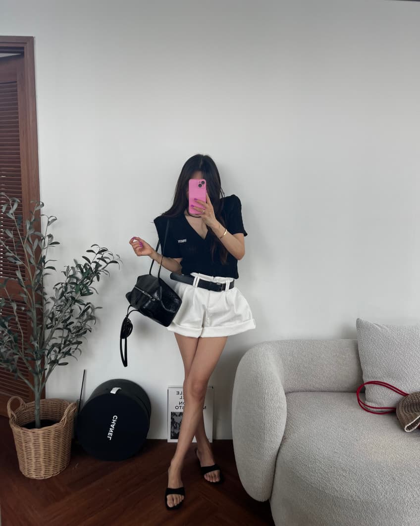 양이 음 애버딘 꽃밭 하이웨이스트 볼륨 측면 데님 반바지 상세 이미지 37