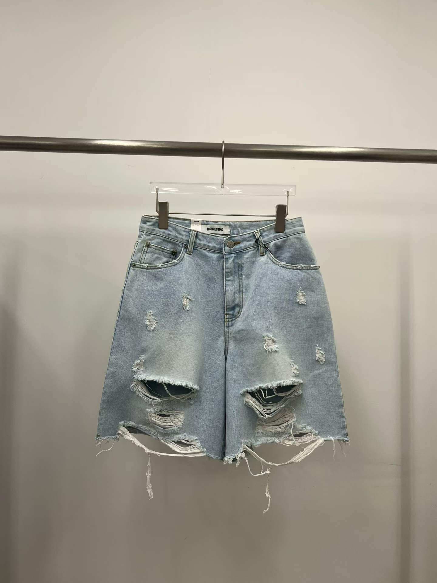여름 새로운 워싱 찢어진 마술 구멍 루즈핏 데님 반바지 오부 바지 상세 이미지 13