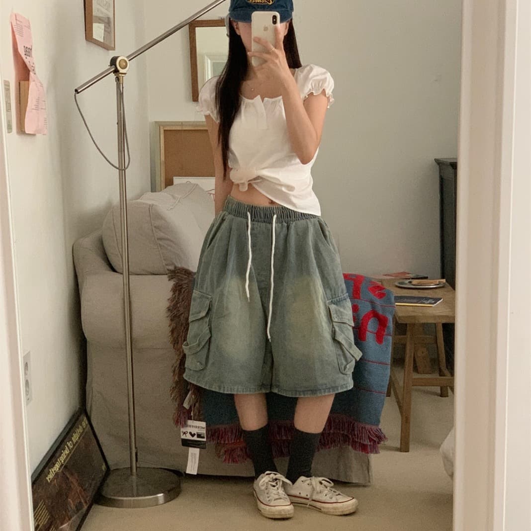 레트로 워싱 워크웨어 주머니 데님 바지 이미지 2