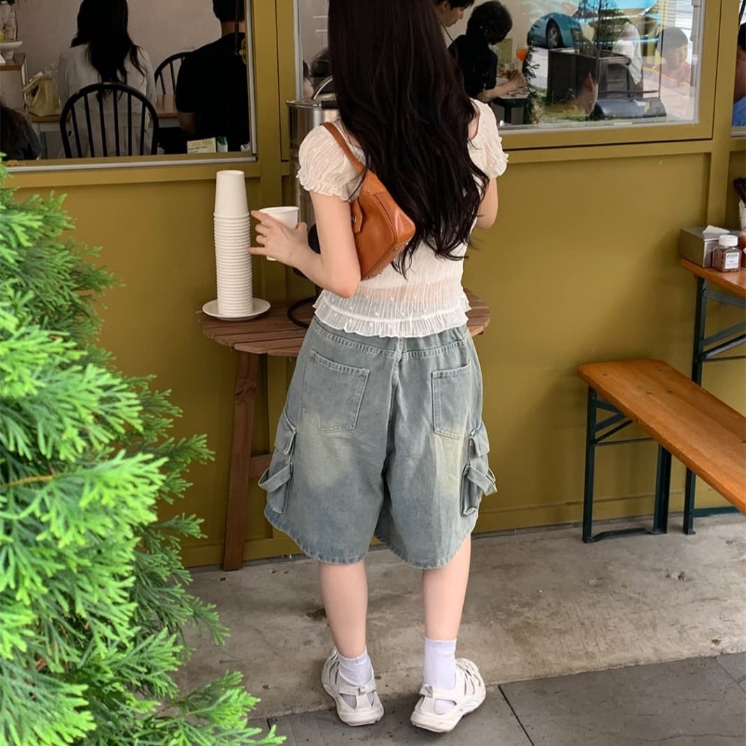 레트로 워싱 워크웨어 주머니 데님 바지 이미지 4