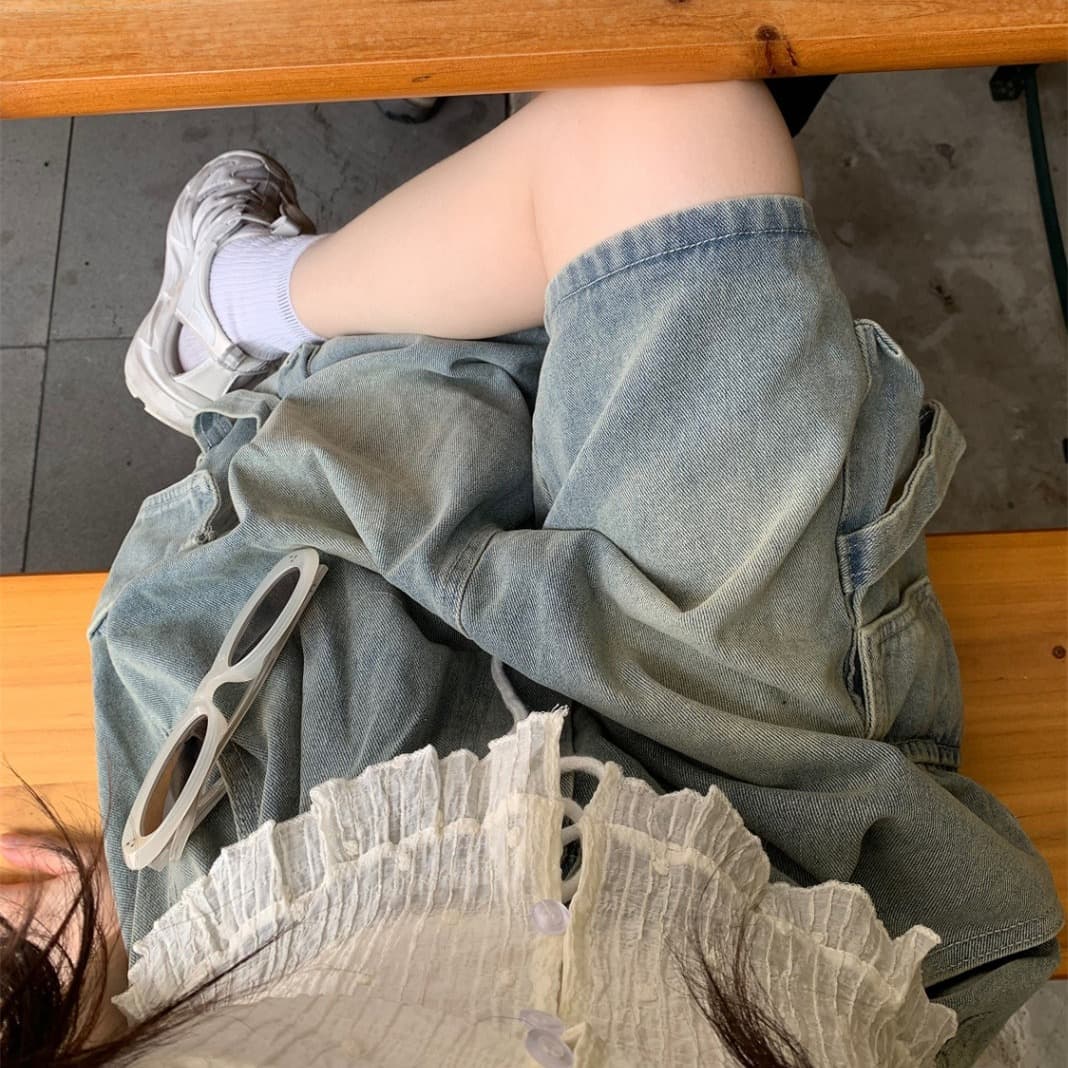레트로 워싱 워크웨어 주머니 데님 바지 이미지 5