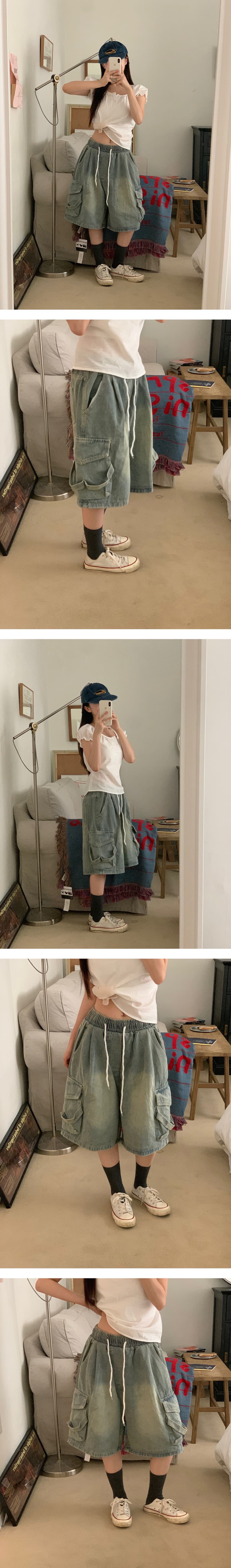 레트로 워싱 워크웨어 주머니 데님 바지 상세 이미지 5