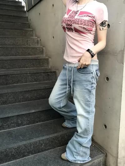 리브 레이스업 로우 웨이스트 워싱 마 오래된 주머니 패치워크 슬림 피트 삼색 레트로 데님 긴 바지 이미지 3