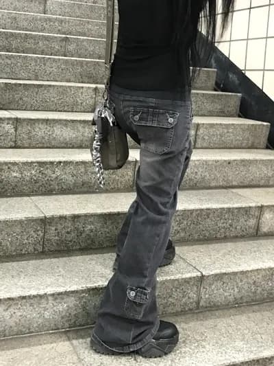리브 레이스업 로우 웨이스트 워싱 마 오래된 주머니 패치워크 슬림 피트 삼색 레트로 데님 긴 바지 이미지 2