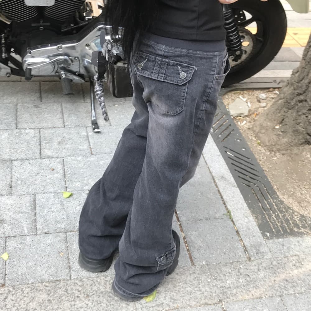 리브 레이스업 로우 웨이스트 워싱 마 오래된 주머니 패치워크 슬림 피트 삼색 레트로 데님 긴 바지 이미지 5
