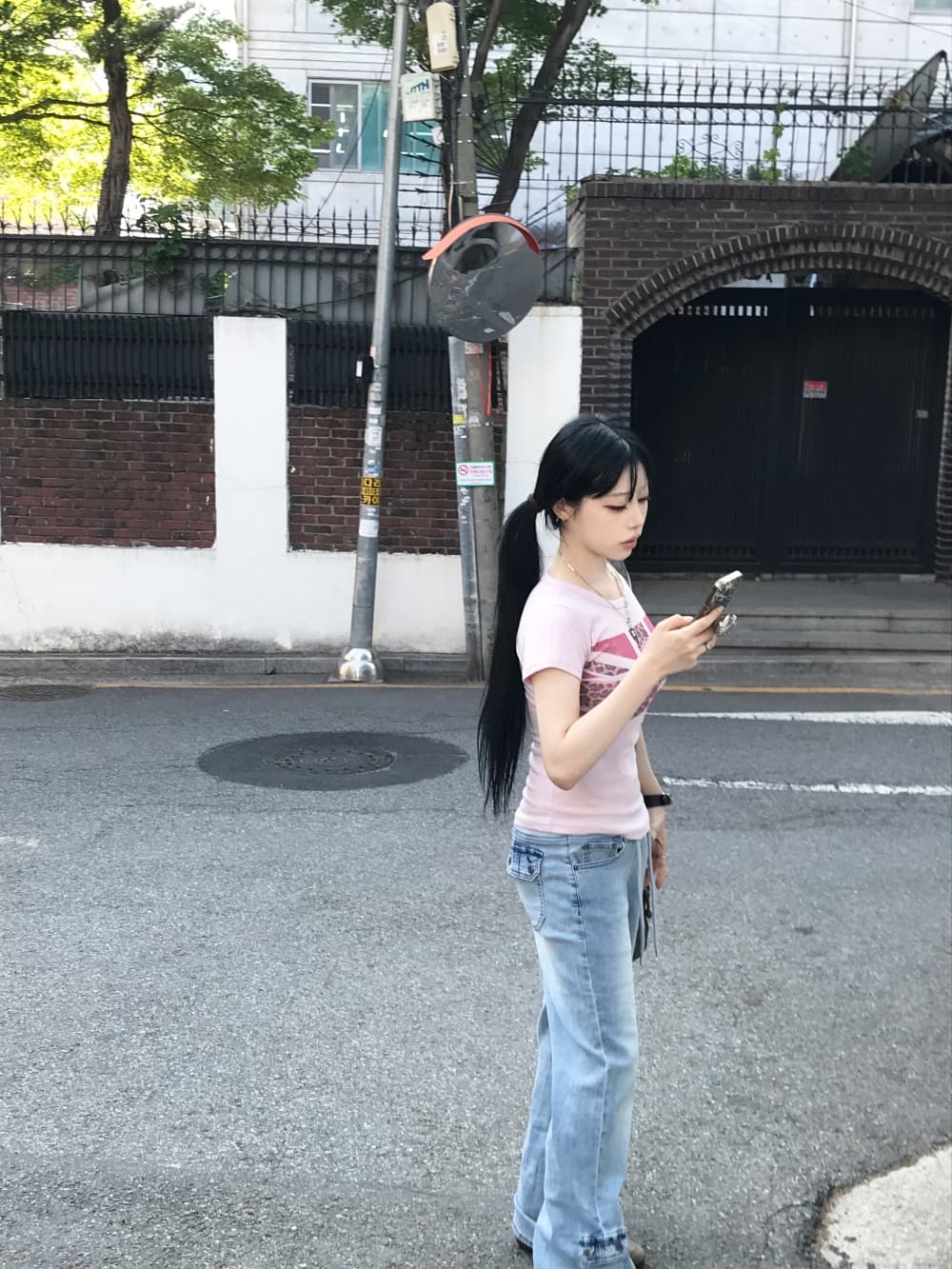 리브 레이스업 로우 웨이스트 워싱 마 오래된 주머니 패치워크 슬림 피트 삼색 레트로 데님 긴 바지 상세 이미지 30