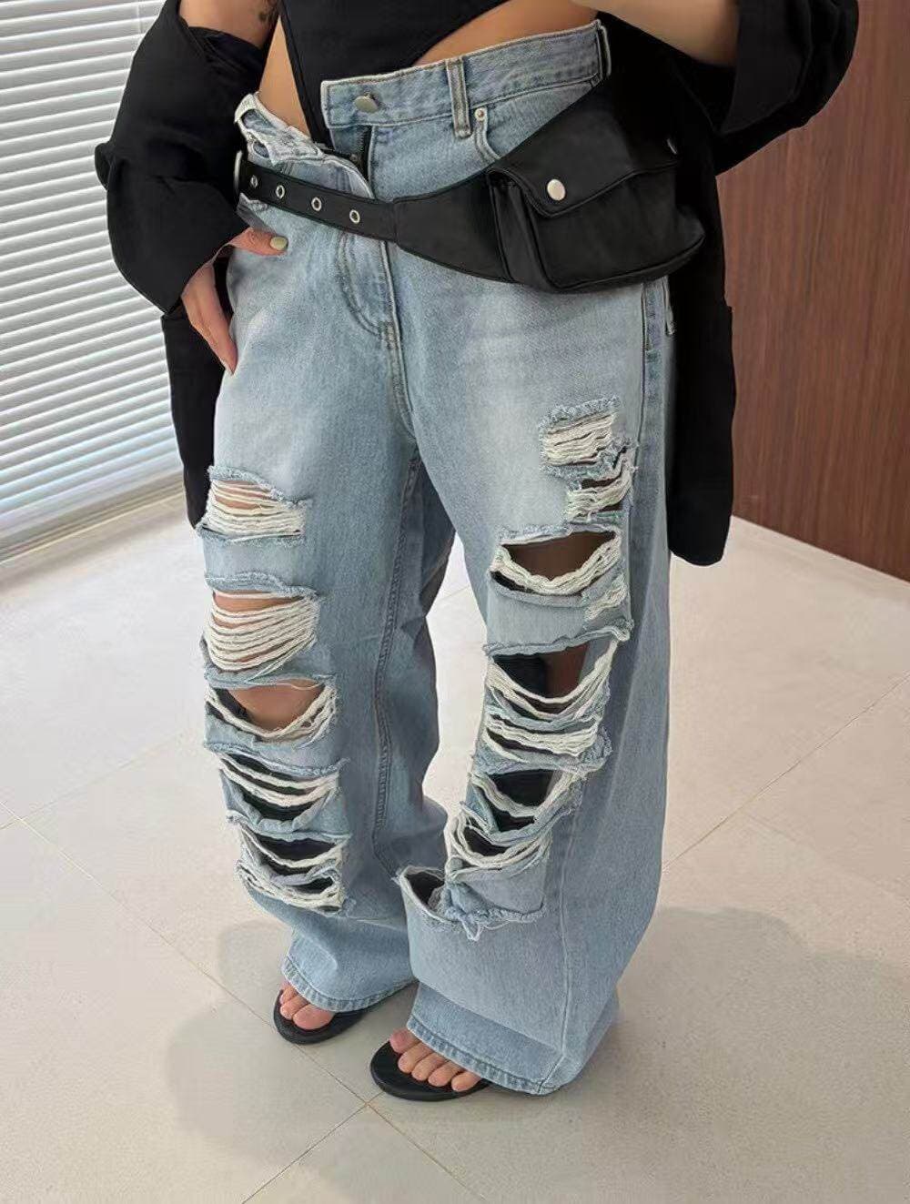 여름 섹션 레트로 연삭 화이트 오래된 찢어진 부분 스트레이트 청바지