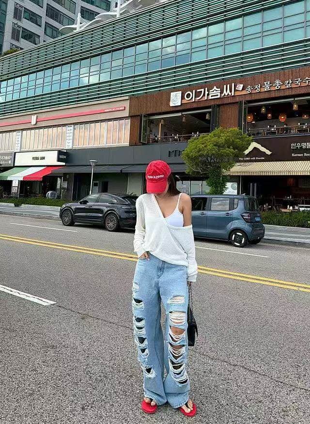 여름 섹션 레트로 연삭 화이트 오래된 찢어진 부분 스트레이트 청바지 상세 이미지 18