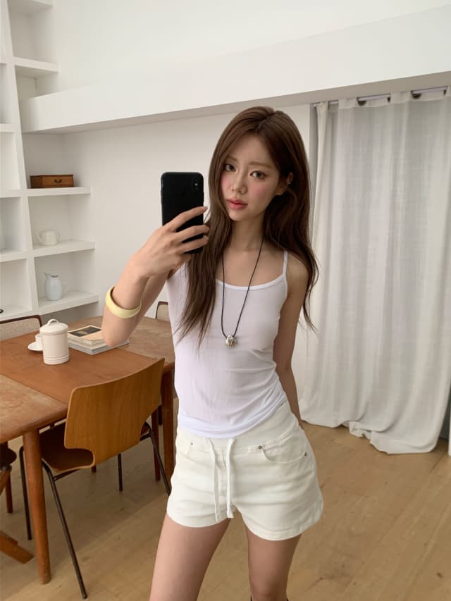 지금 리브 밴딩 허리 둘레 패치워크 레이스업 데님 반바지 이미지 2