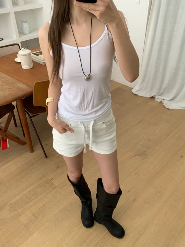 지금 리브 밴딩 허리 둘레 패치워크 레이스업 데님 반바지 상세 이미지 7