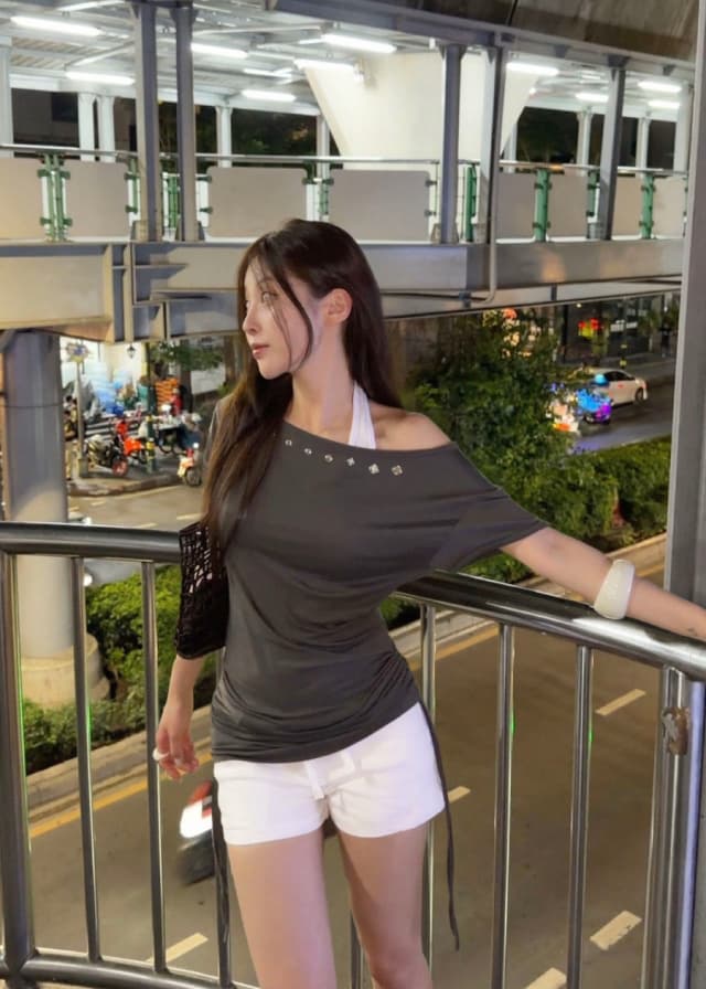 지금 리브 밴딩 허리 둘레 패치워크 레이스업 데님 반바지 상세 이미지 10