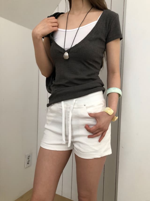 지금 리브 밴딩 허리 둘레 패치워크 레이스업 데님 반바지 상세 이미지 29