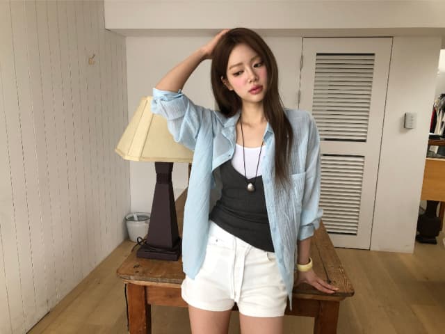 지금 리브 밴딩 허리 둘레 패치워크 레이스업 데님 반바지 상세 이미지 47