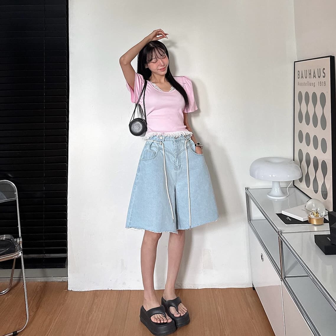지금 끈 루즈핏 넓은 다리 거친 가장자리 5 점 청바지 반바지