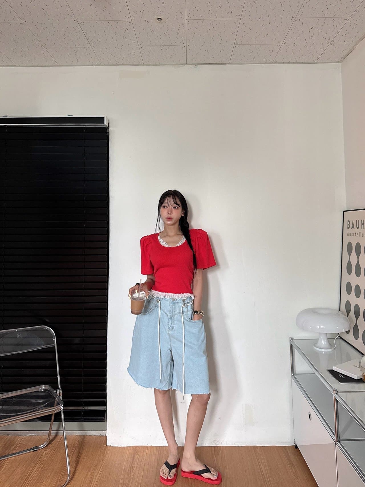 지금 끈 루즈핏 넓은 다리 거친 가장자리 5 점 청바지 반바지 상세 이미지 3