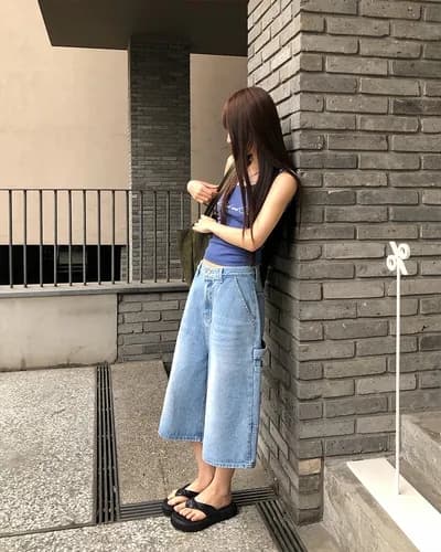 슬림해 보이는 하이웨이스트 플리츠 루즈핏 넓은 다리 데님 7부 바지 이미지 4