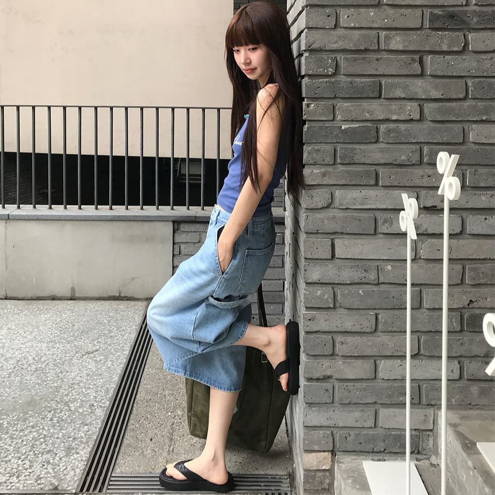 슬림해 보이는 하이웨이스트 플리츠 루즈핏 넓은 다리 데님 7부 바지 이미지 5
