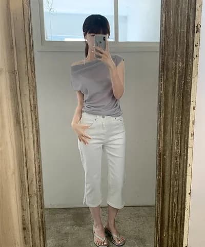 지금 미니멀리즘 다용도 하이웨이스트 슬림해 보이는 스트레이트 7 분 청바지 이미지 2