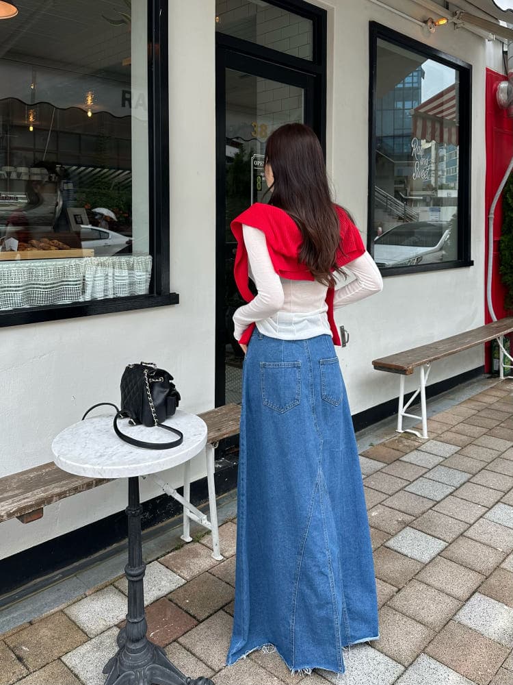 이전 트임 진한 파란색 거친 가장자리 레트로 롱 코트 데님 반신 스커트 상세 이미지 7