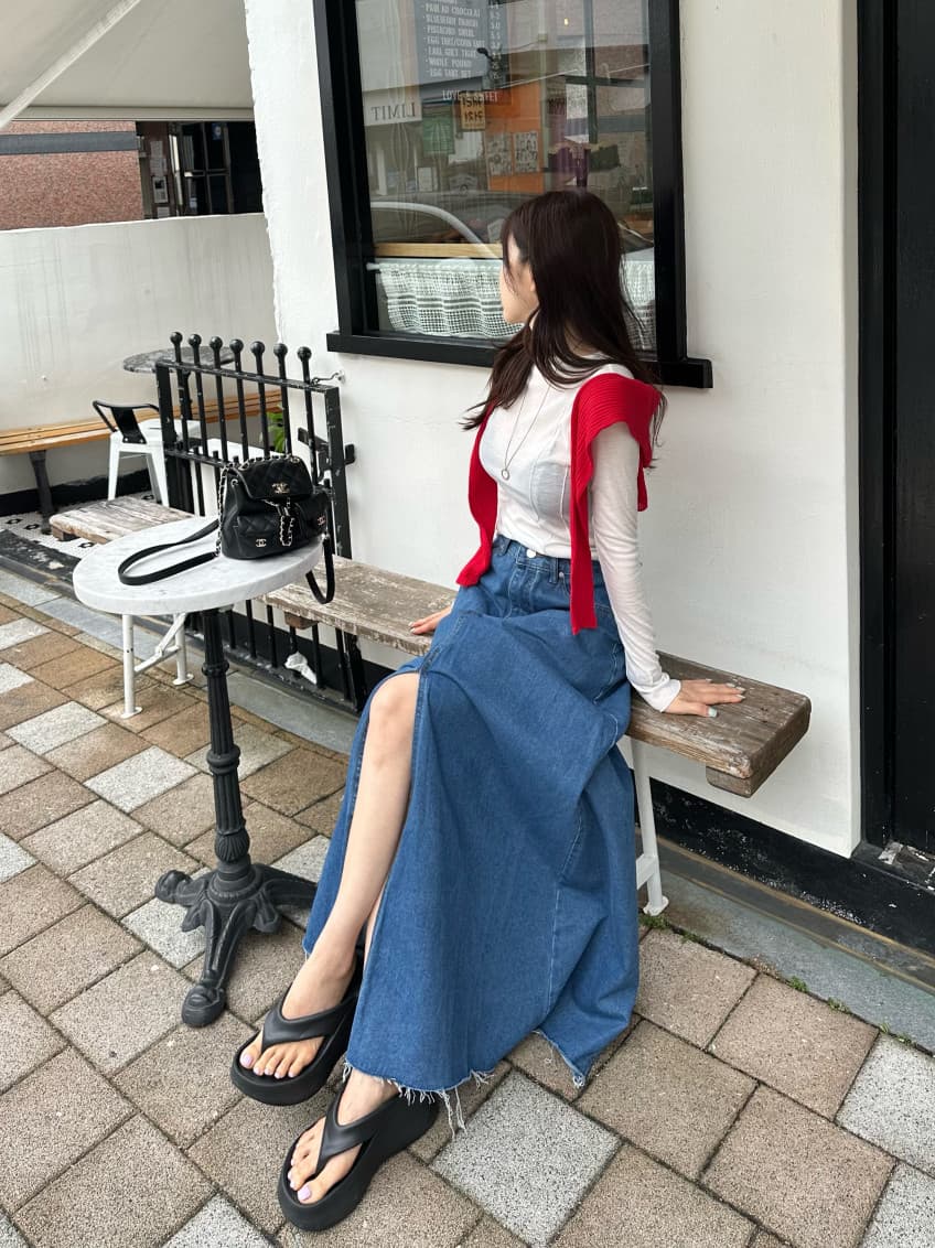 이전 트임 진한 파란색 거친 가장자리 레트로 롱 코트 데님 반신 스커트 상세 이미지 12