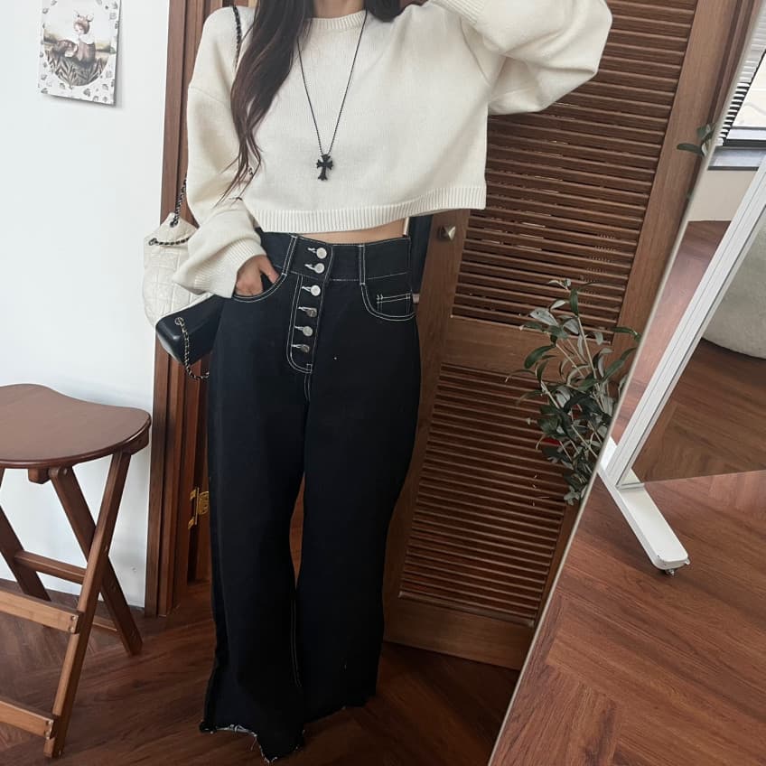 지금 캡슐 6 개 버클 하이웨이스트 넓은 다리 거친 가장자리 둘 색상 레트로 청바지 상세 이미지 7