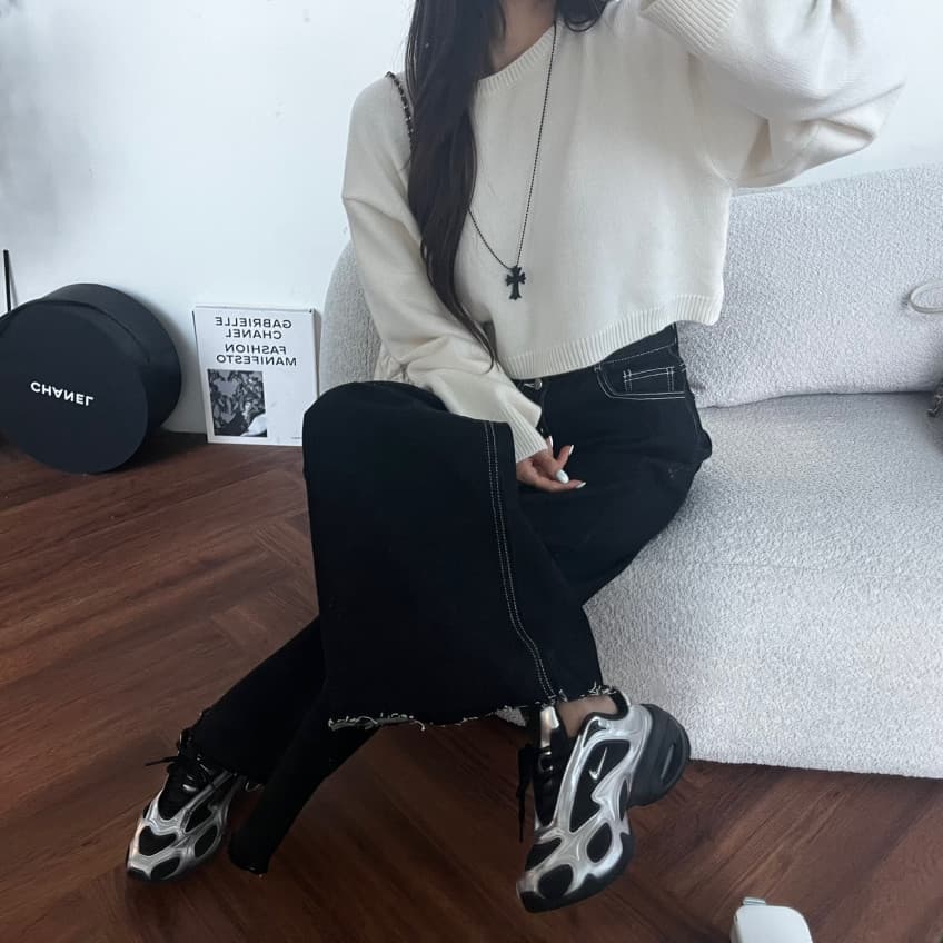지금 캡슐 6 개 버클 하이웨이스트 넓은 다리 거친 가장자리 둘 색상 레트로 청바지 상세 이미지 16
