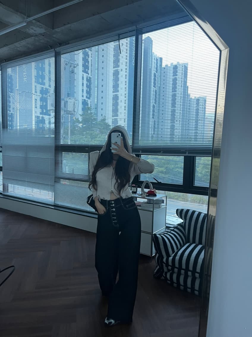 지금 캡슐 6 개 버클 하이웨이스트 넓은 다리 거친 가장자리 둘 색상 레트로 청바지 상세 이미지 19