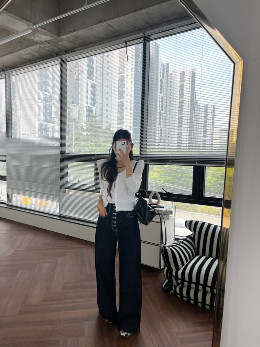 지금 캡슐 6 개 버클 하이웨이스트 넓은 다리 거친 가장자리 둘 색상 레트로 청바지 상세 이미지 40