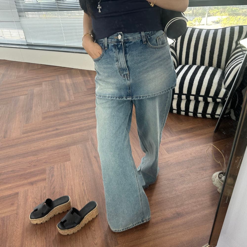 치마 커튼 페이크 레이어드 워싱 레트로 스트레이트 데님 긴 바지 이미지 4