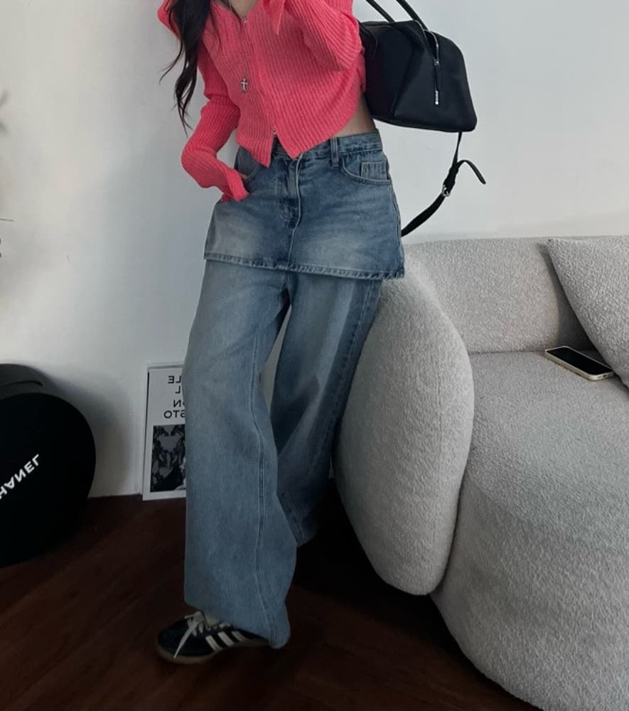 치마 커튼 페이크 레이어드 워싱 레트로 스트레이트 데님 긴 바지 상세 이미지 2