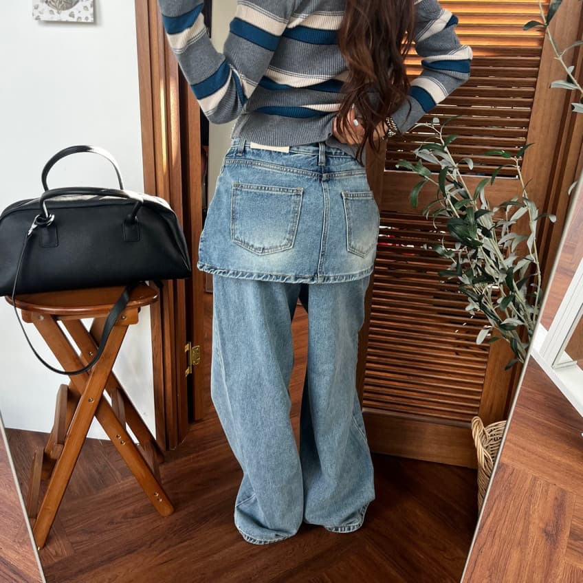 치마 커튼 페이크 레이어드 워싱 레트로 스트레이트 데님 긴 바지 상세 이미지 23
