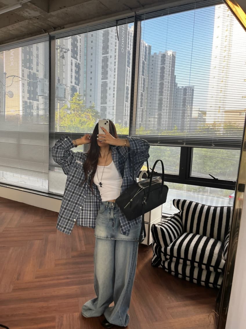 치마 커튼 페이크 레이어드 워싱 레트로 스트레이트 데님 긴 바지 상세 이미지 43