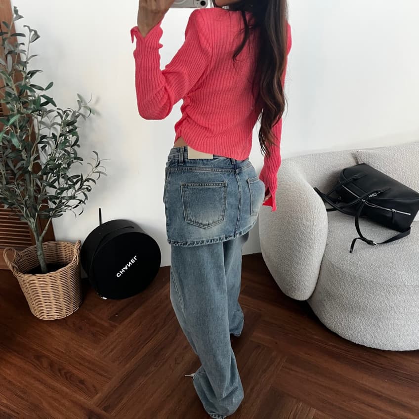 치마 커튼 페이크 레이어드 워싱 레트로 스트레이트 데님 긴 바지 상세 이미지 63