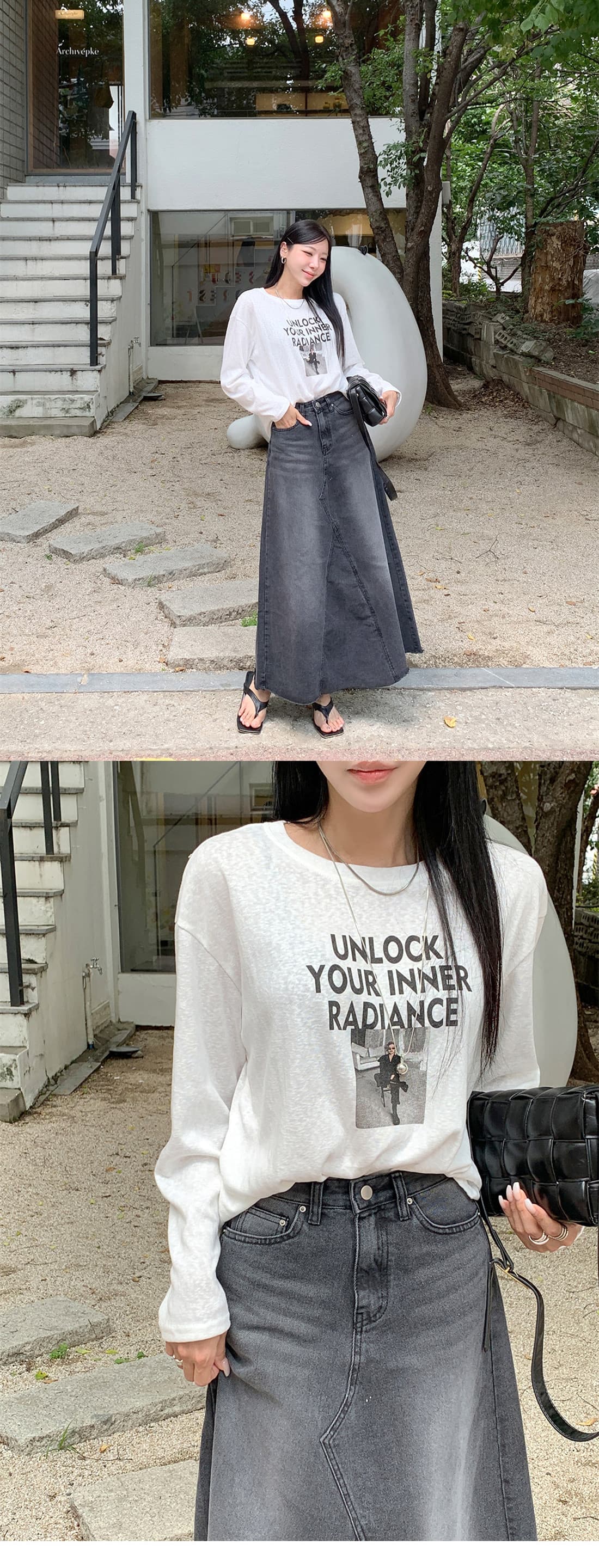 거친 가장자리 우산 진자 중간 길이 블랙 회색 워싱 한 마디 데님 반신 스커트 상세 이미지 8