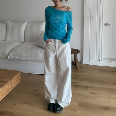 지금 레트로 징 뒤에 벨트 디자인 넓은 다리 루즈핏 청바지 이미지 4