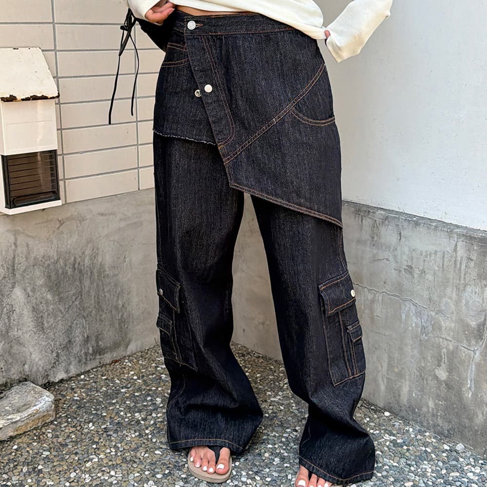불규칙 패션 패치워크 페이크 레이어드 허리 인감 검정색 청바지