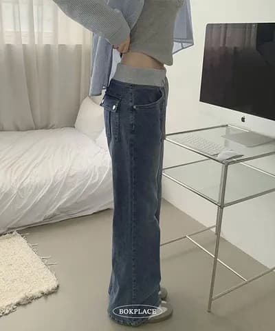 리브 허리 레이스업 슬림해 보이는 얕은 깊이 둘 색상 워싱 몸매 가꾸기 데님 긴 바지 이미지 3
