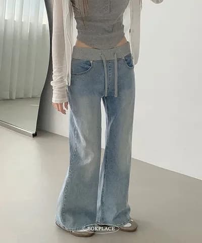 리브 허리 레이스업 슬림해 보이는 얕은 깊이 둘 색상 워싱 몸매 가꾸기 데님 긴 바지 이미지 4