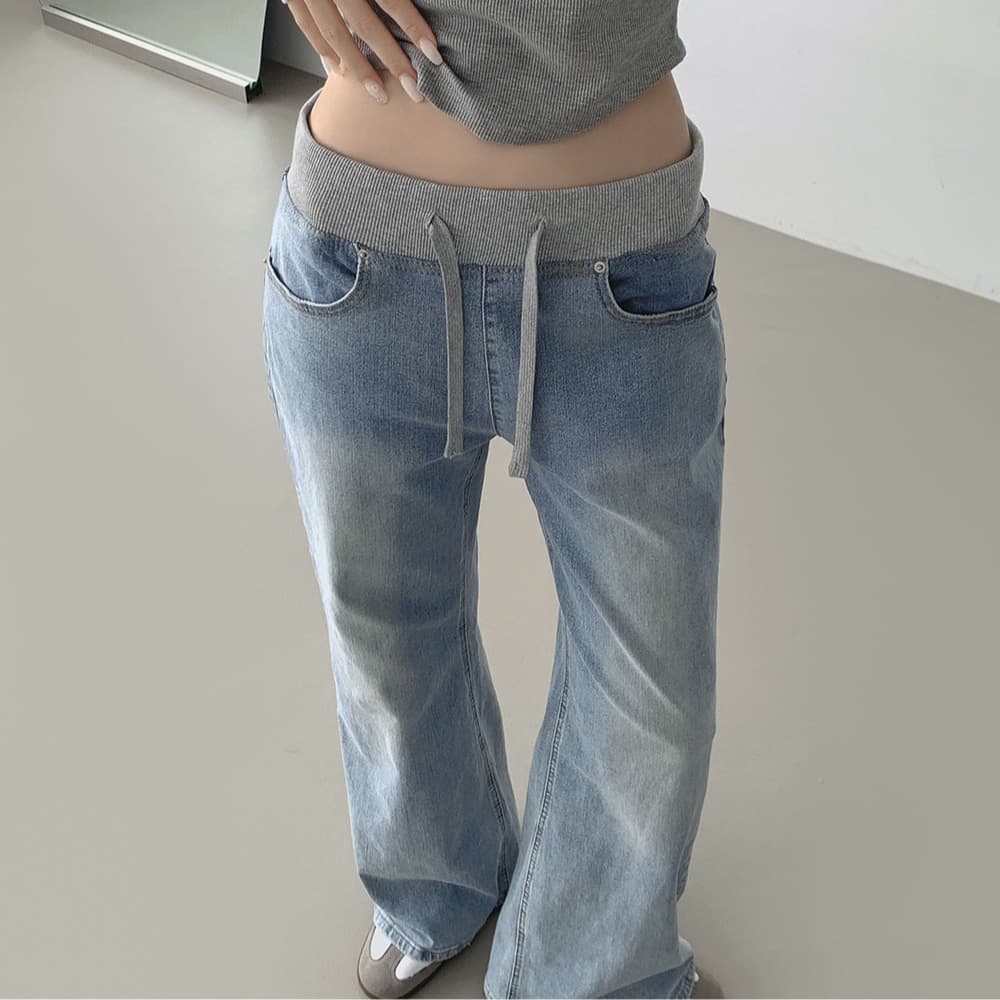 리브 허리 레이스업 슬림해 보이는 얕은 깊이 둘 색상 워싱 몸매 가꾸기 데님 긴 바지 이미지 2