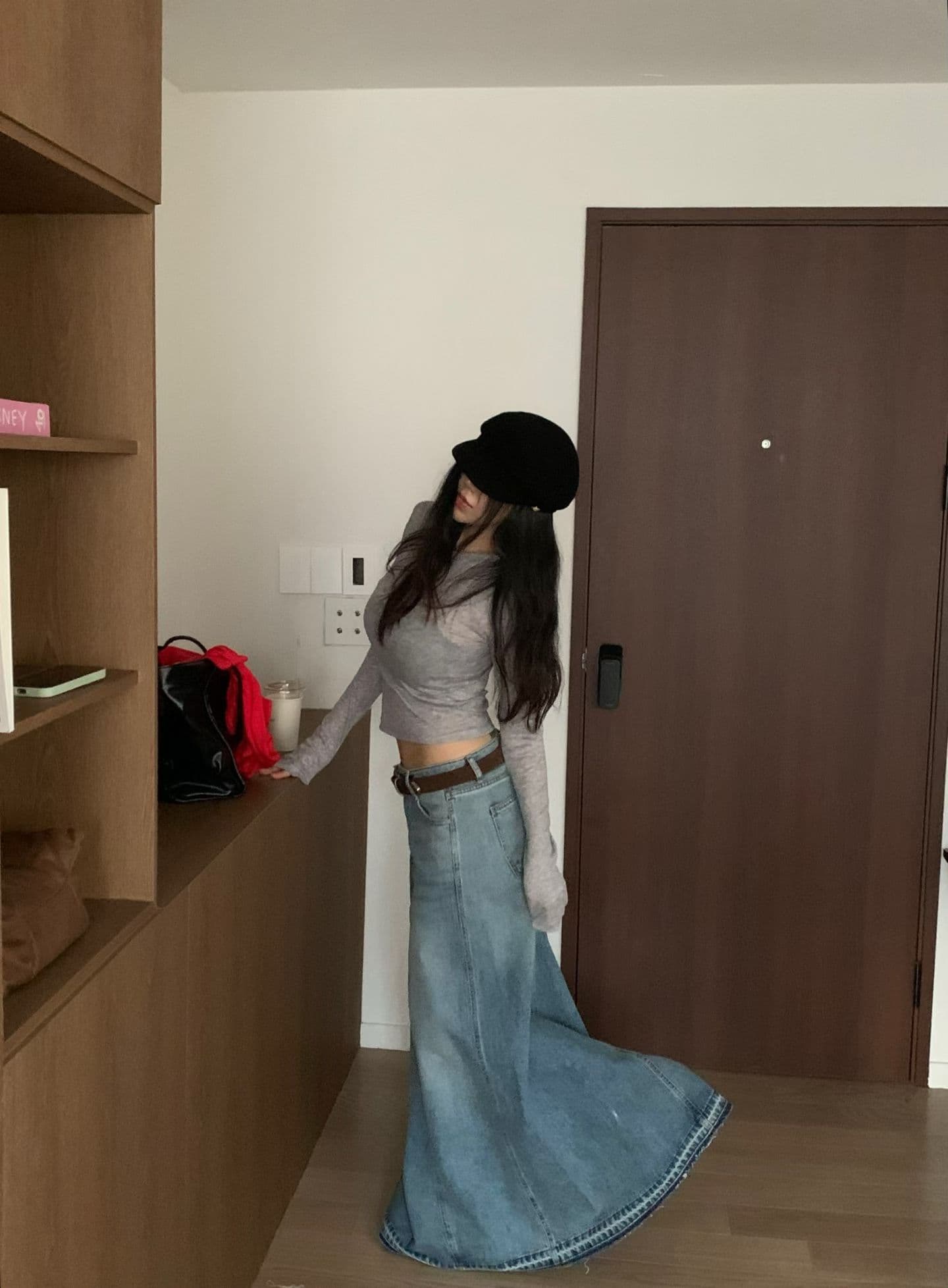 26 이른 가을 하이웨이스트 패션 패치워크 거친 가장자리 밑단 한 마디 연삭 화이트 데님 반신 롱 스커트 상세 이미지 11