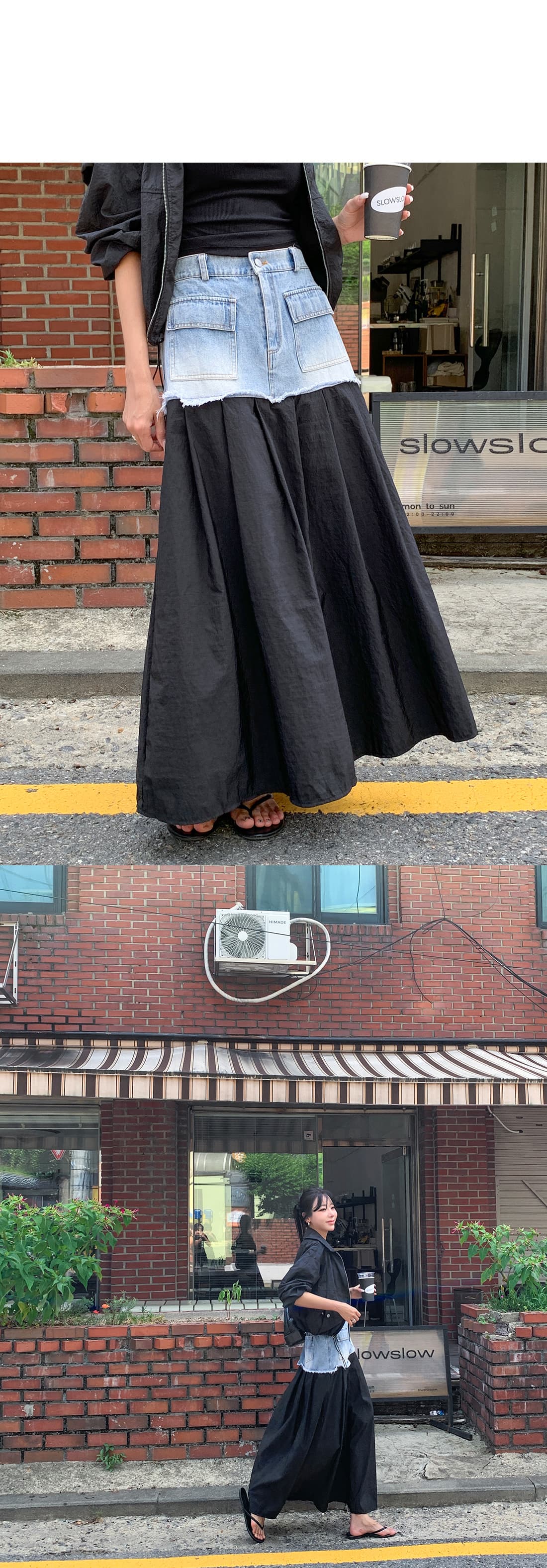 패치워크 워싱 연삭 화이트 데님 캐주얼 롱 코트 반신 스커트 상세 이미지 6