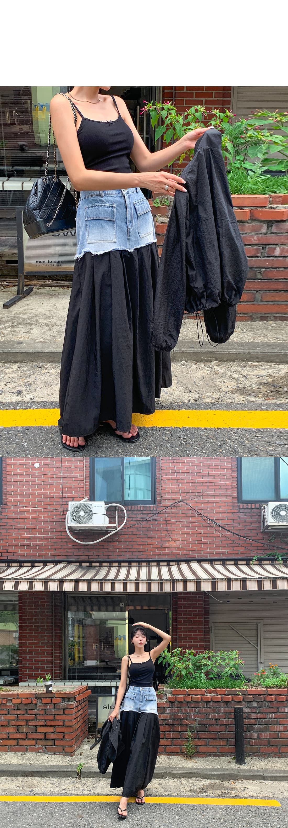 패치워크 워싱 연삭 화이트 데님 캐주얼 롱 코트 반신 스커트 상세 이미지 10