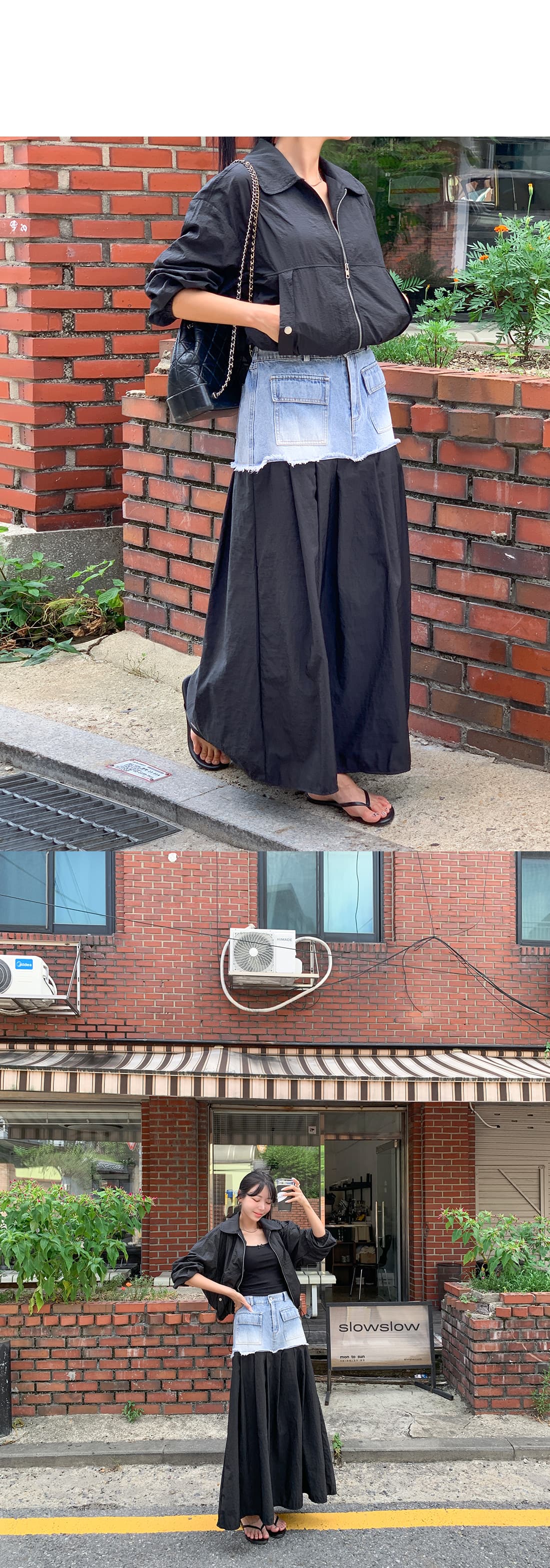 패치워크 워싱 연삭 화이트 데님 캐주얼 롱 코트 반신 스커트 상세 이미지 17