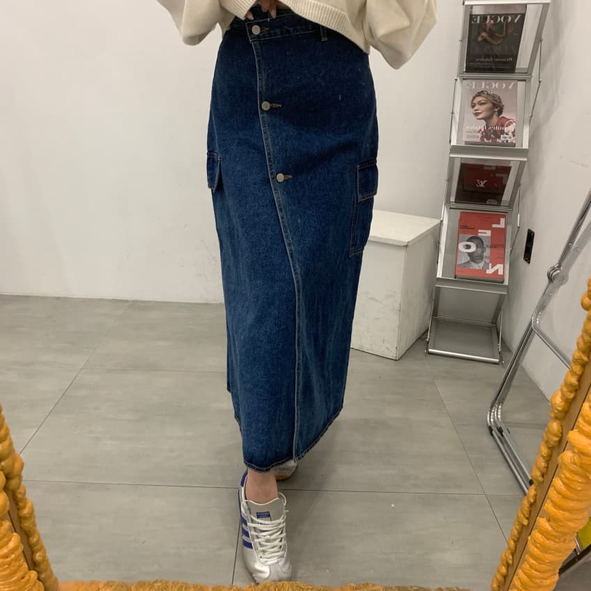 대 경 사진 디자인 하나 슬라이스 진한 파란색 워싱 데님 반신 스커트 이미지 5