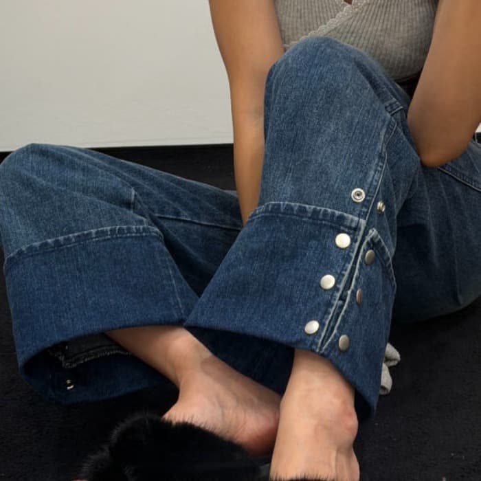 높음 볼륨 측면 단추 디자인 레트로 워싱 가을 겨울 데님 긴 바지