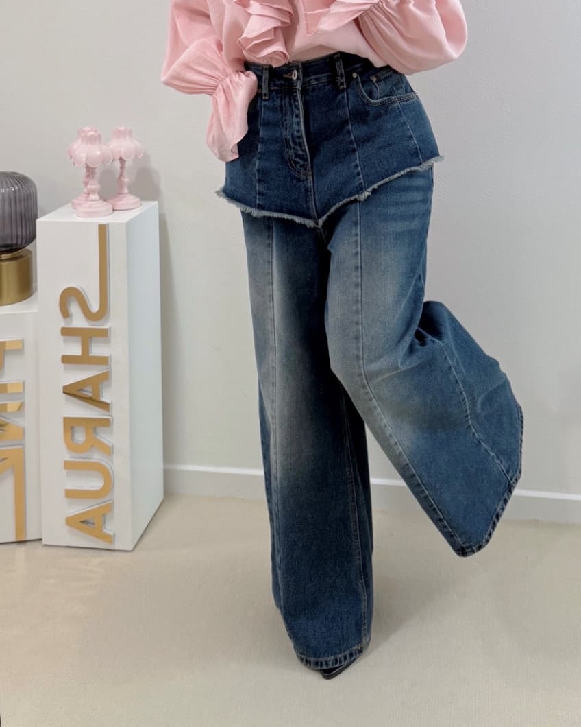 거친 가장자리 방귀 커튼 워싱 연삭 털 레트로 페이크 레이어드 데님 긴 바지