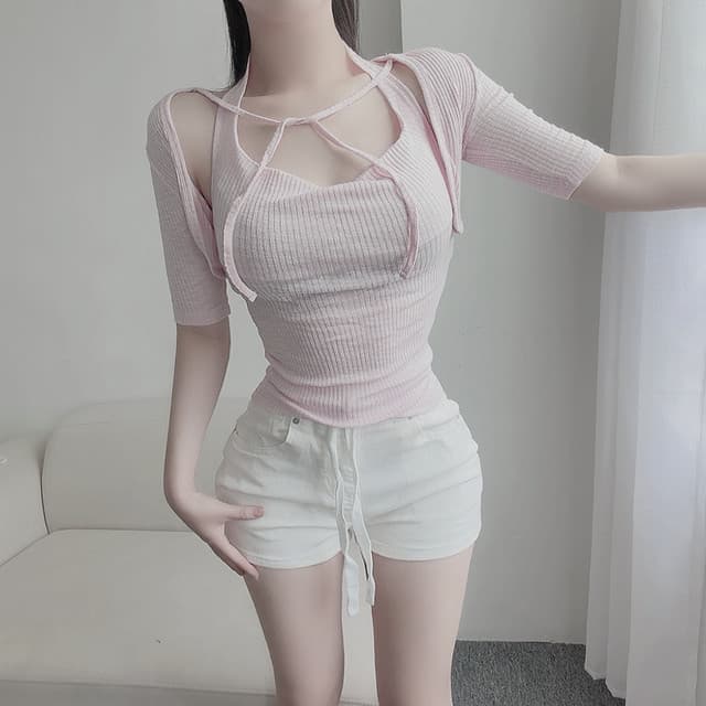 지금 상쾌 필터 스트레이트 패치워크 레이스업 데님 반바지 상세 이미지 5
